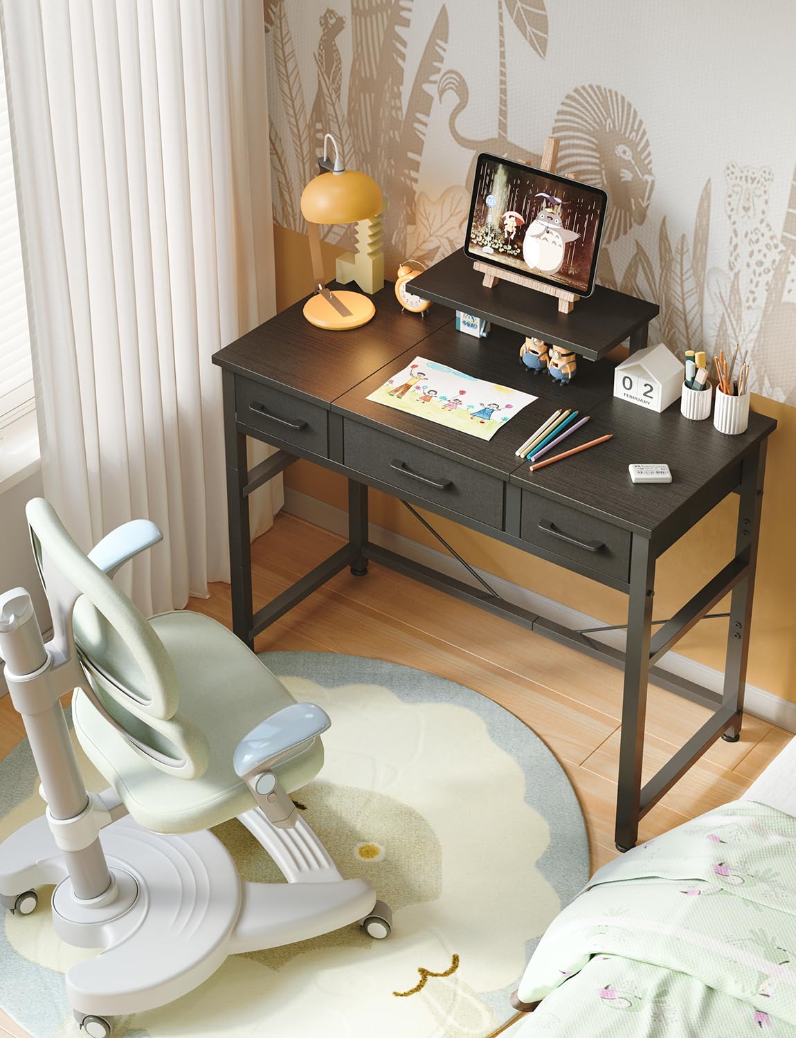 KitMent Small Desk with 3 Fabric Drawers, Small Computer Desk with Adjustable Monitor Stand and Hook, 76x36cm Table for Makeup Vanity