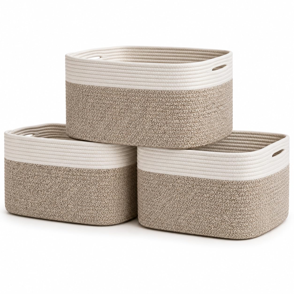 OrganiHaus Set of 3 Bathroom Storage Baskets for Shelves, Cotton Rope Basket for Towels, Toys, Baby Items, White & Brown Blanket Organizer