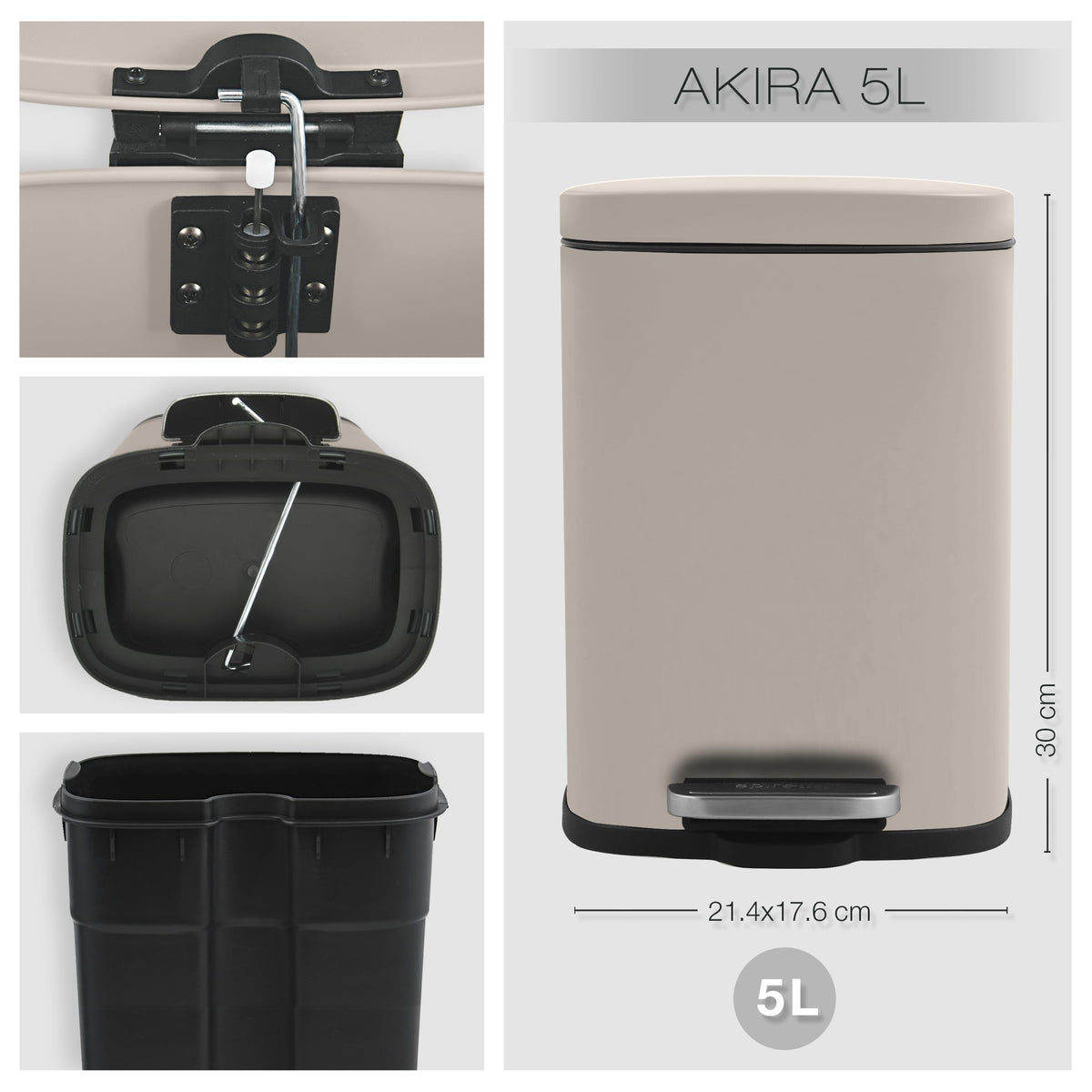 Spirella Akira Collection Pedal Bin 21.4 x 17.6 x 30 cm 5 Litres, Steel, Beige, 21.4 x 17.6 x 30 cm