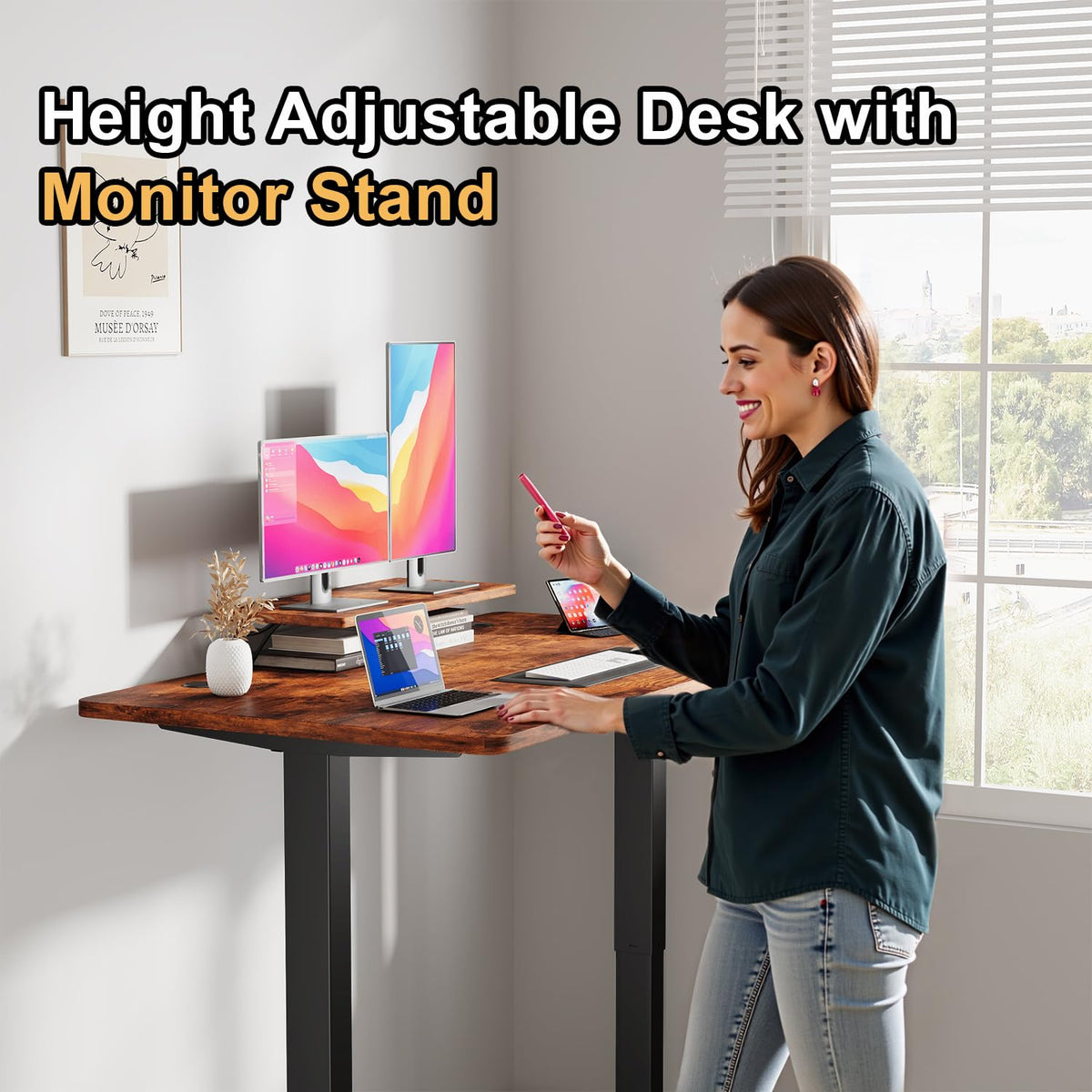 JUMMICO Electric Standing Desk with Monitor Stand, 160x70cm Height Adjustable Desk, Office Table with 2 Memory Smart Pannel,Rustic Brown