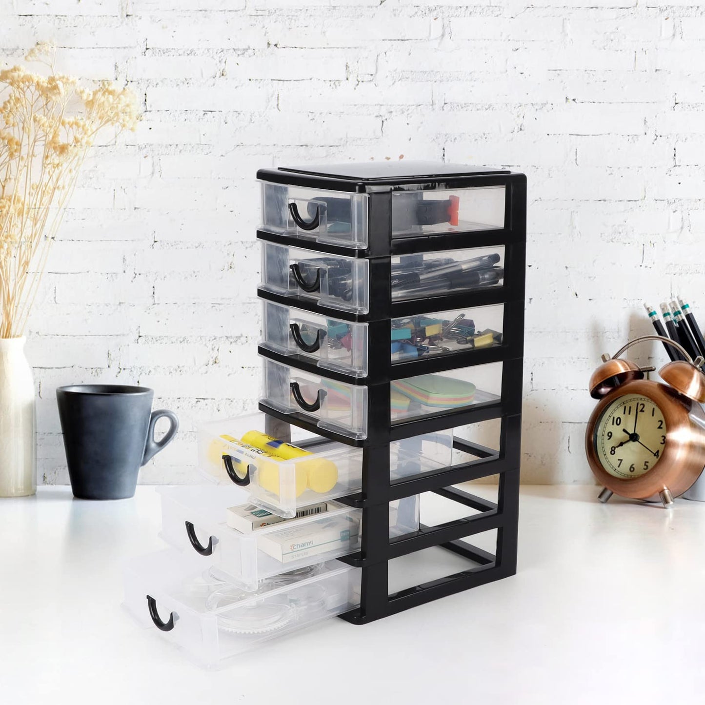 Rempry 7.1"x5.1"x13.2" Mini Organizer Box Storage Container Case with 7 Clear Desktop Drawer Units,Black