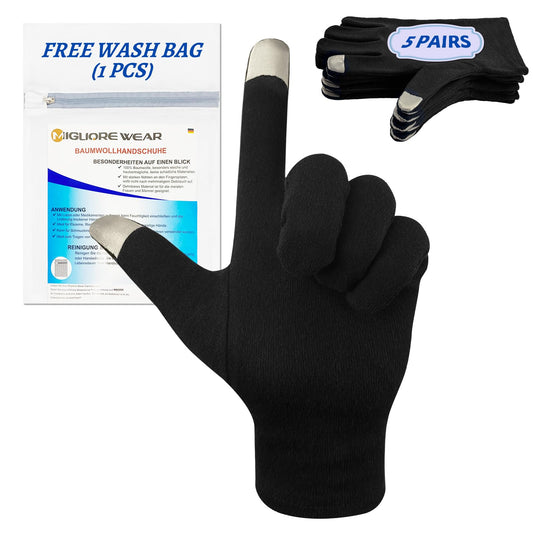 Migliore Wear 5 Pairs Cotton Gloves for Eczema,Touchscreen Black Cotton Gloves, Moisturising Gloves for Dry Hands, Hand Care, Jewelry Inspection,