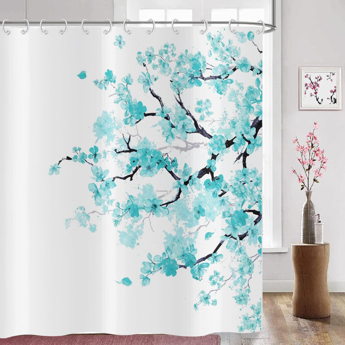 Hnmdmyi Cherry Blossom Shower Curtain 180x200, Turquoise Floral Sakura Blooming Plum Japanese Asian Anime Art Style Bathroom Curtains Waterproof