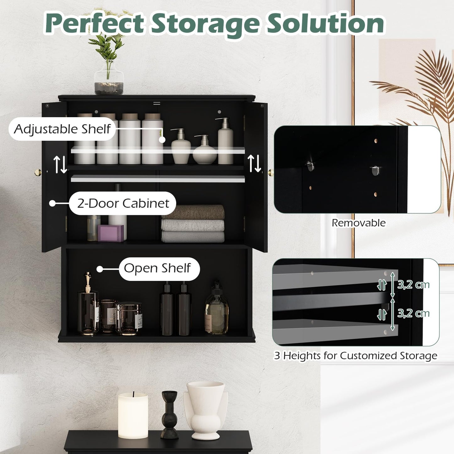 RELAX4LIFE Bathroom Cabinet Wall Mounted, Modern Bathroom Wall Cabinet with 2 Doors and Adjustable Shelves