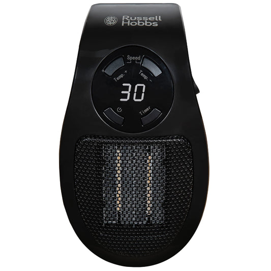 Russell Hobbs 500W Ceramic Plug Heater, Electric Heater Adjustable thermostat, 12 Hour Timer & LED Display, 2 Fan Speeds, 2 Year Guarantee, Black,