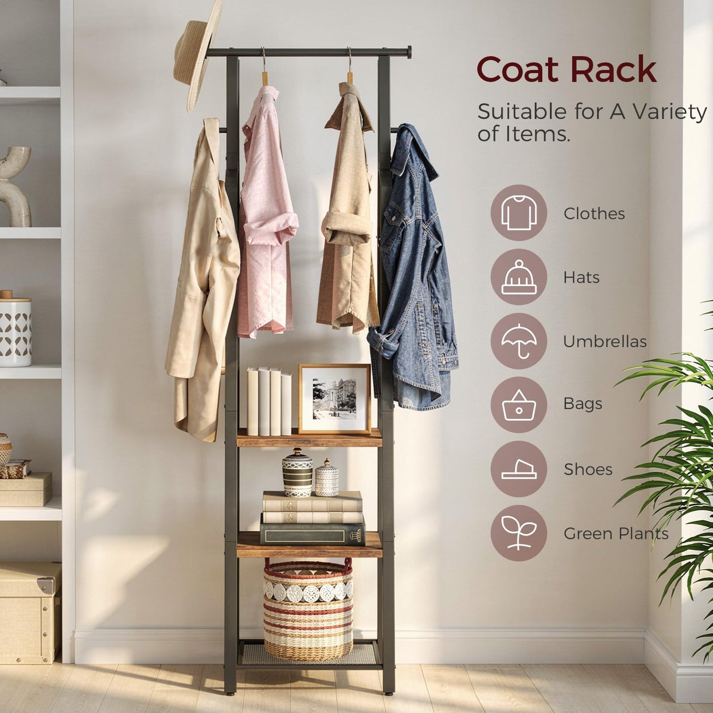 MAHANCRIS Coat Rack, Freestanding Coat Stand with Hanging Rail, Industrial Clothes Rack with 3-Tier Shelf & 8 Hooks, for Hallway, Entryway, Bedroom