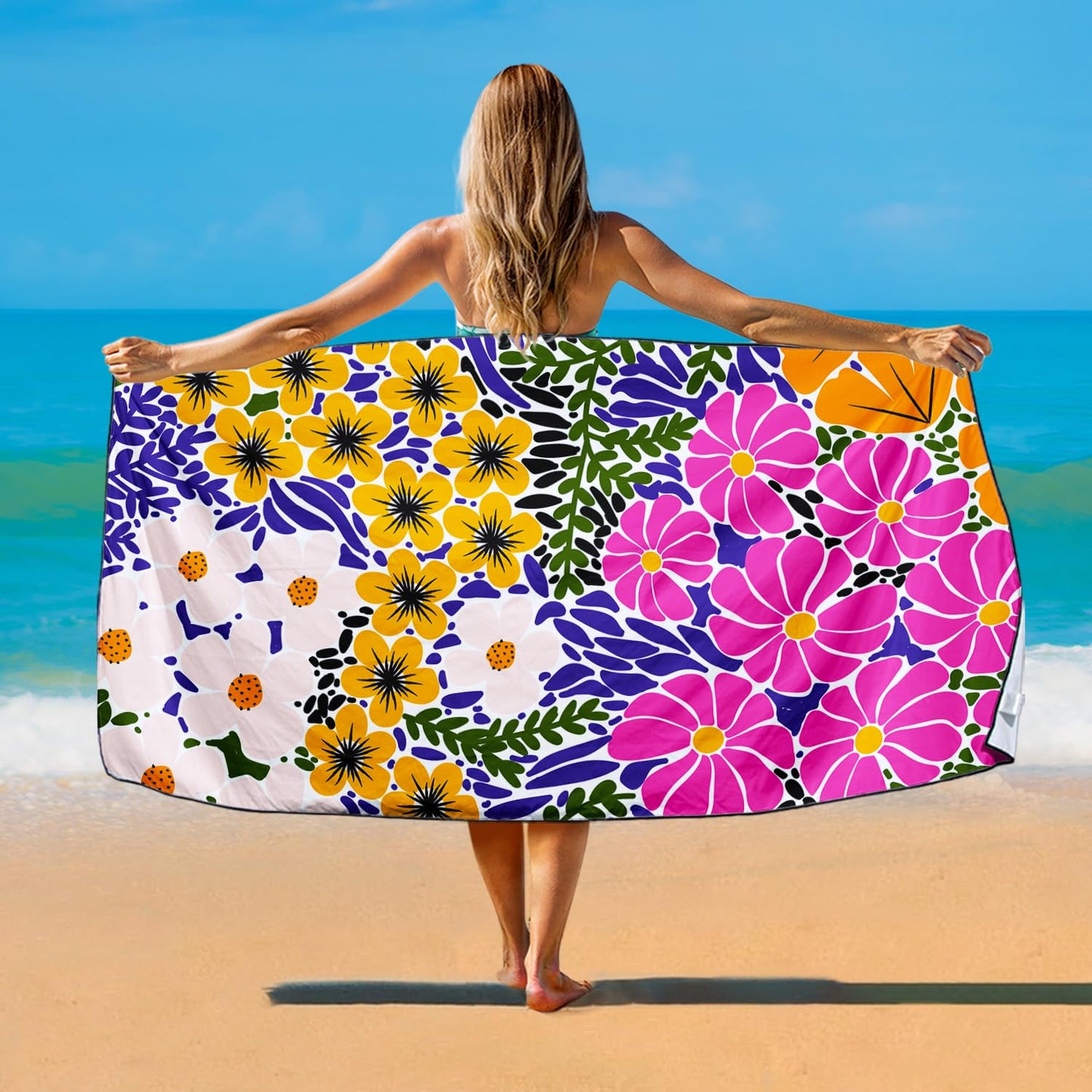 Violetpos Bold Floral Patchwork Beach Towel, Extra Large 180x90 cm 250GSM Microfibre, Sand Free Quick Dry