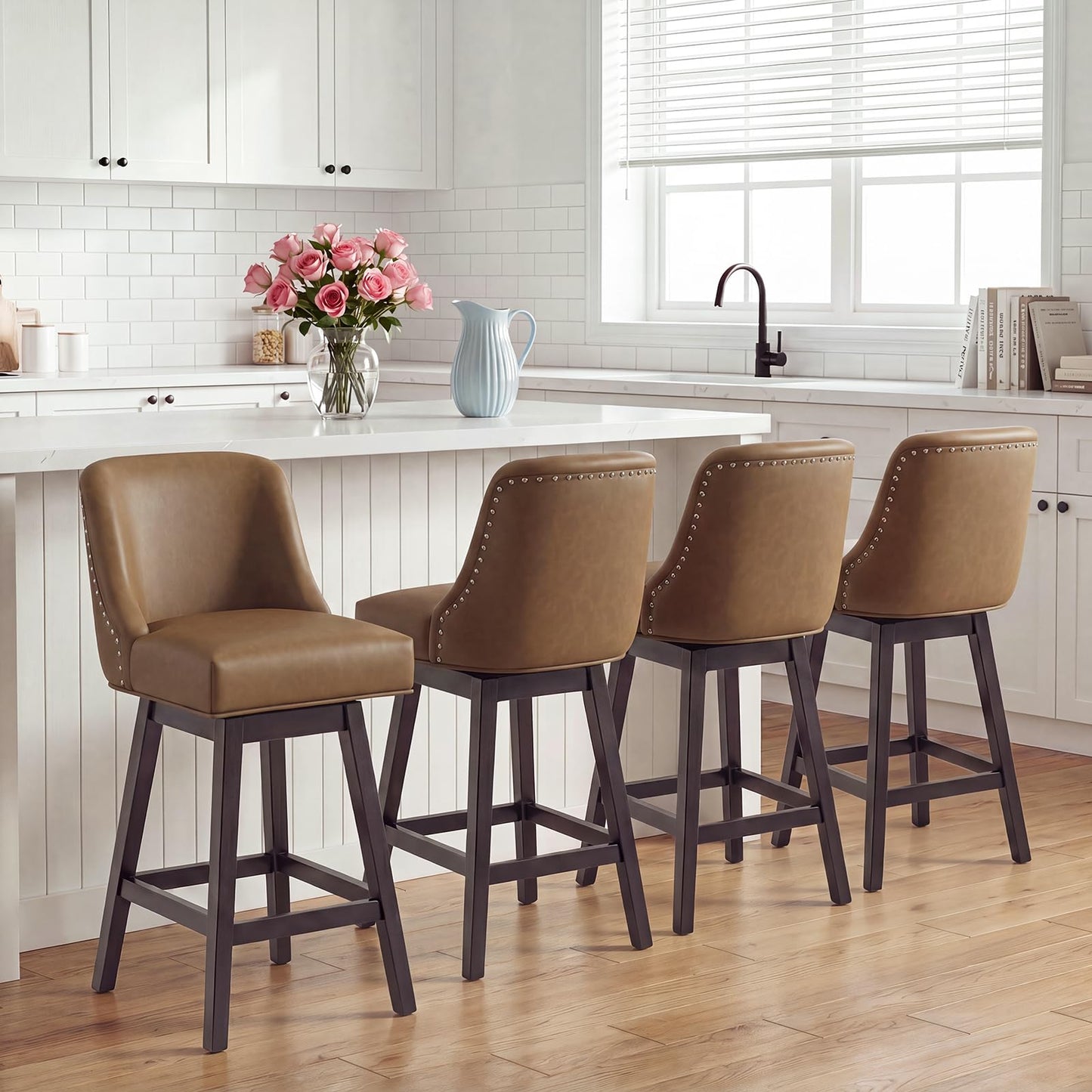 Bar Stools Set of 4, 360° Swivel Upholstered Counter Stools with Back, Wooden Frame Kitchen Bar Chairs with Nailhead Trim