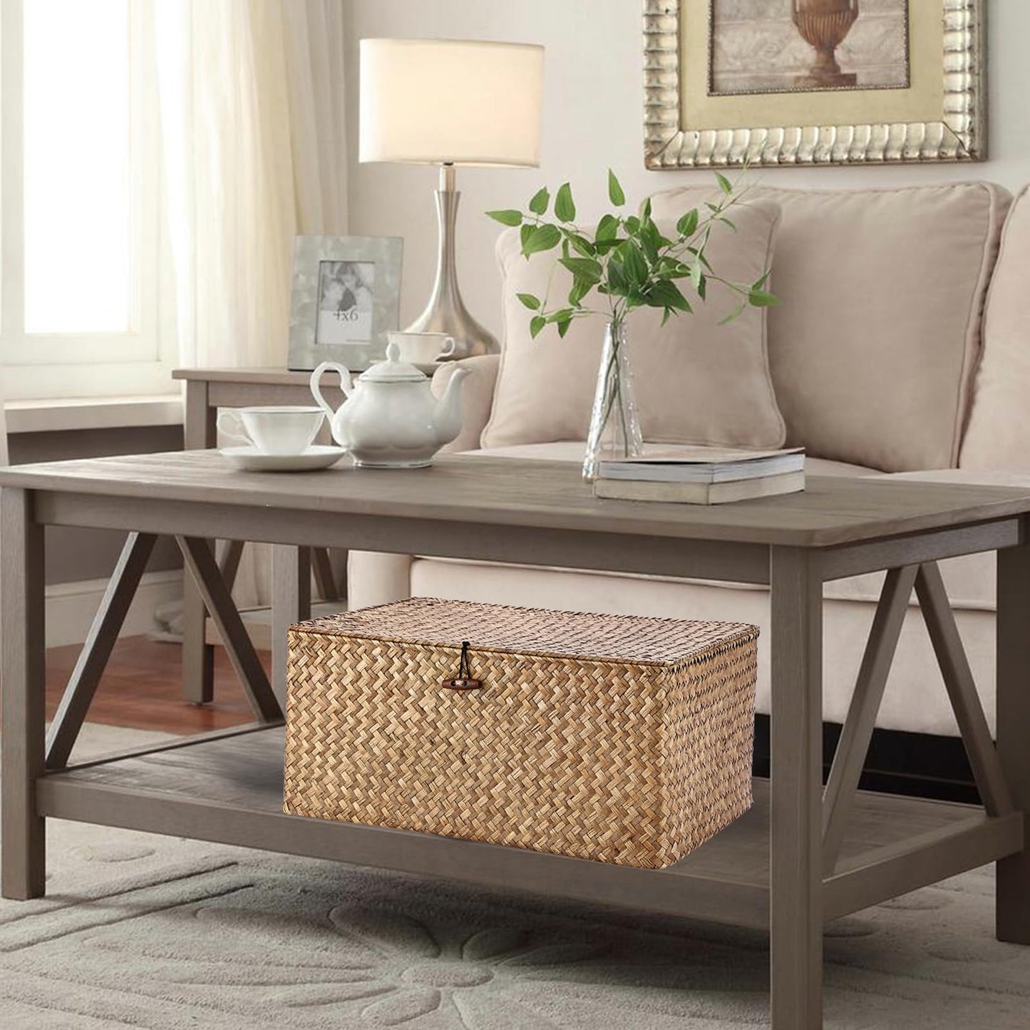 IGNPION Seagrass Storage Basket with Lid, Wicker Woven Shelf Basket, Coffee