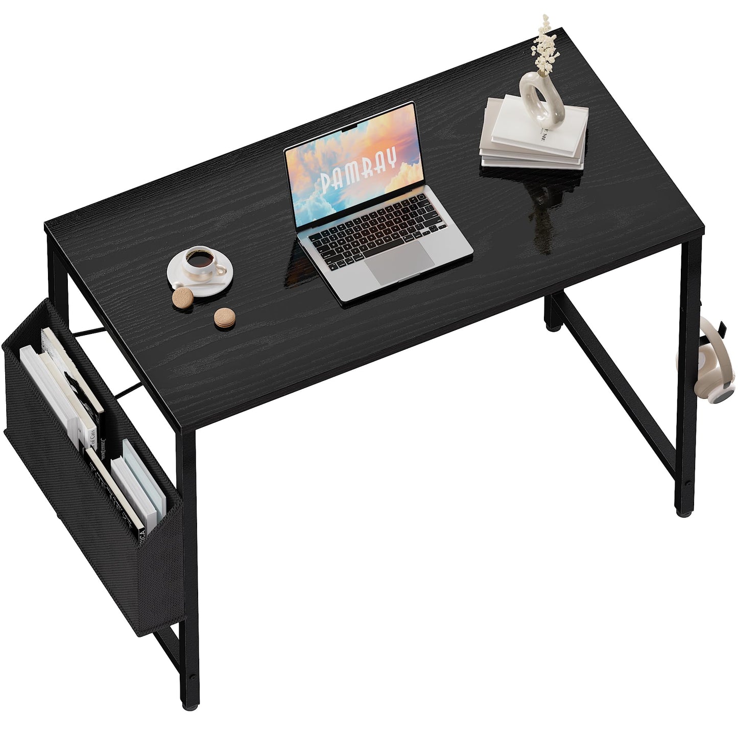 PAMRAY 80x40cm Computer Desk for Small Spaces with Storage Bag, Home Office Work Desk with Headphone Hook, Small Office Study Writing Table, Black