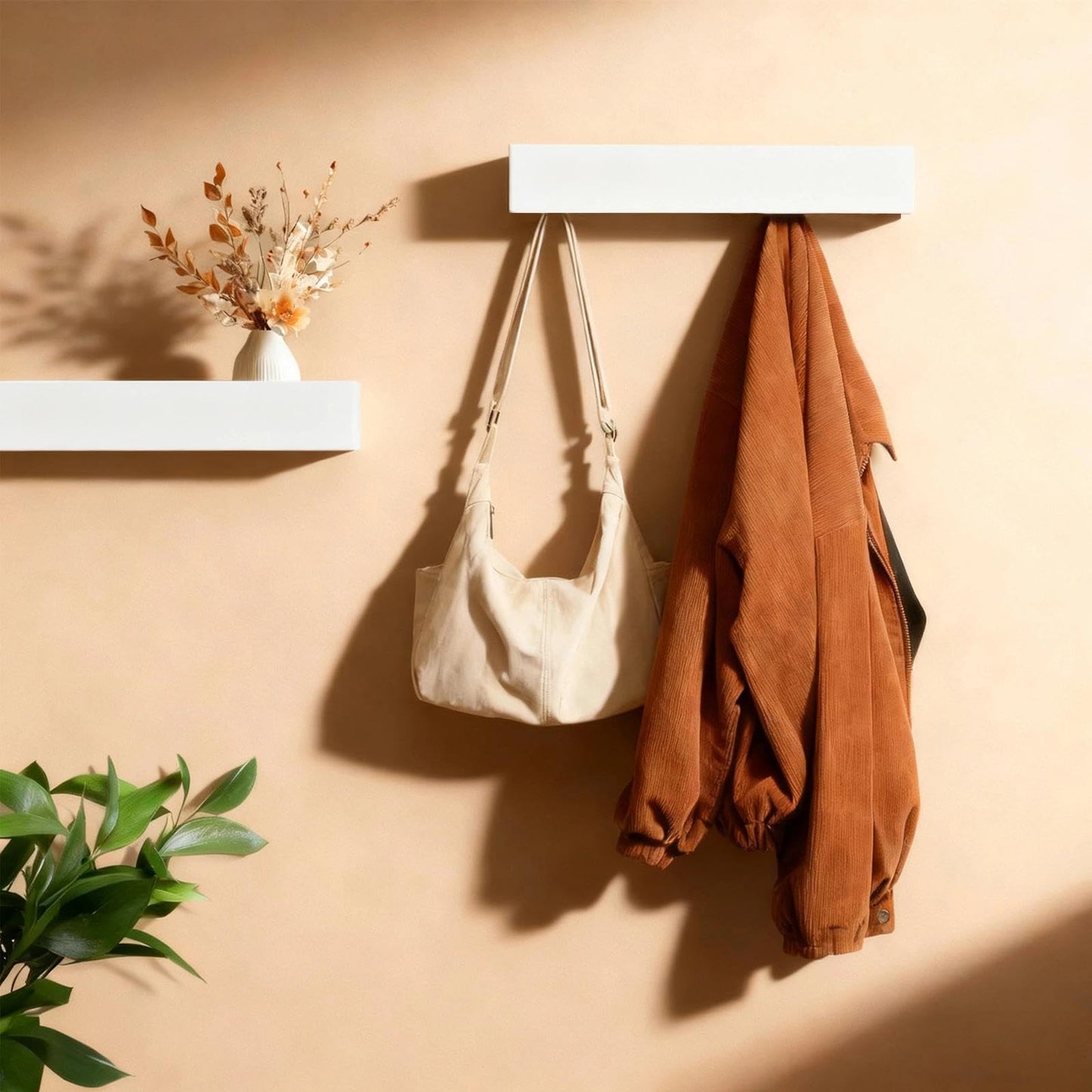 WJUAN White Wall Mounted Coat Rack with Shelf & Concealed Hooks