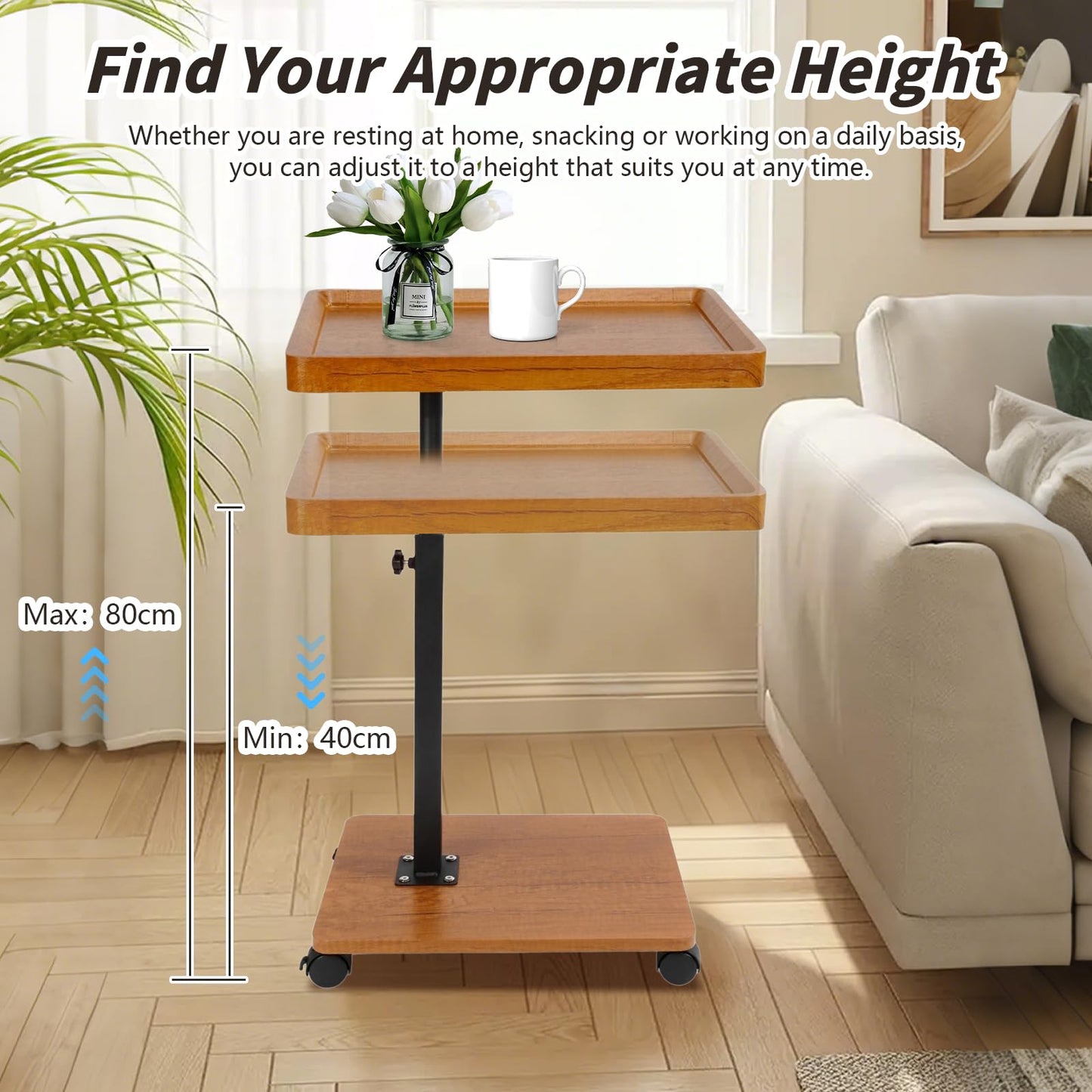 XUDREZ Adjustable Side Table, C Shaped Small Table with 4 Wheels 364° Swivel Tray, End Table for Living Room Bedroom Sofa Small Spaces (Wood color)