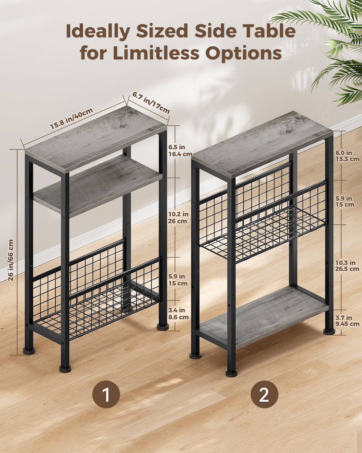 Yuede Narrow Side Table with Magazine Rack, 3-tier Slim Bedside Table, Small End Table for Living Room, Bedroom, MDF & Metal Frame Gray