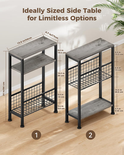 Yuede Narrow Side Table with Magazine Rack, 3-tier Slim Bedside Table, Small End Table for Living Room, Bedroom, MDF & Metal Frame Gray