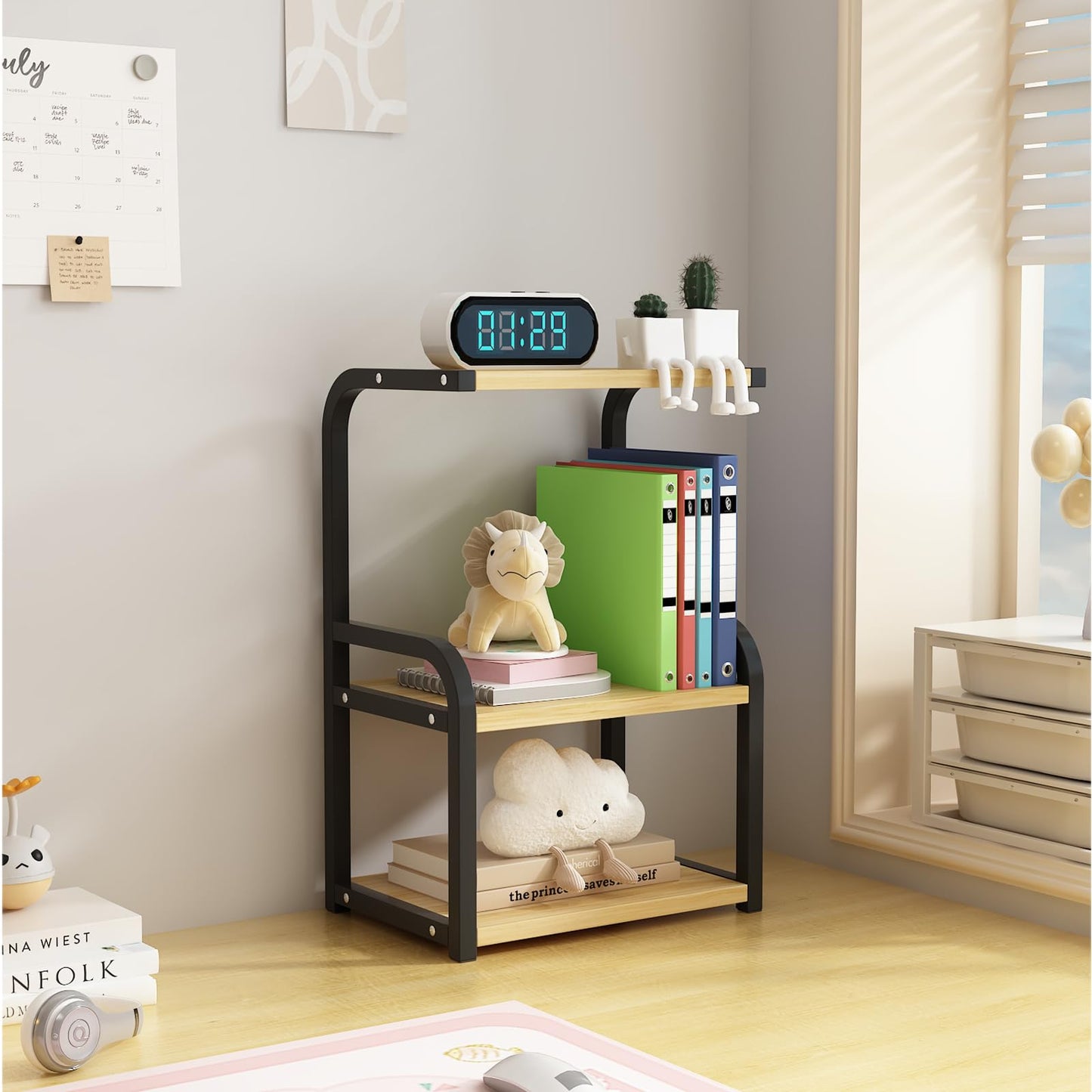 Numjeg Metal Desk Shelf Organizer, 3 Tier Office Shelves, Wood Desk Storage Rack and Freestanding Display Shelf for Office, Dressing Table