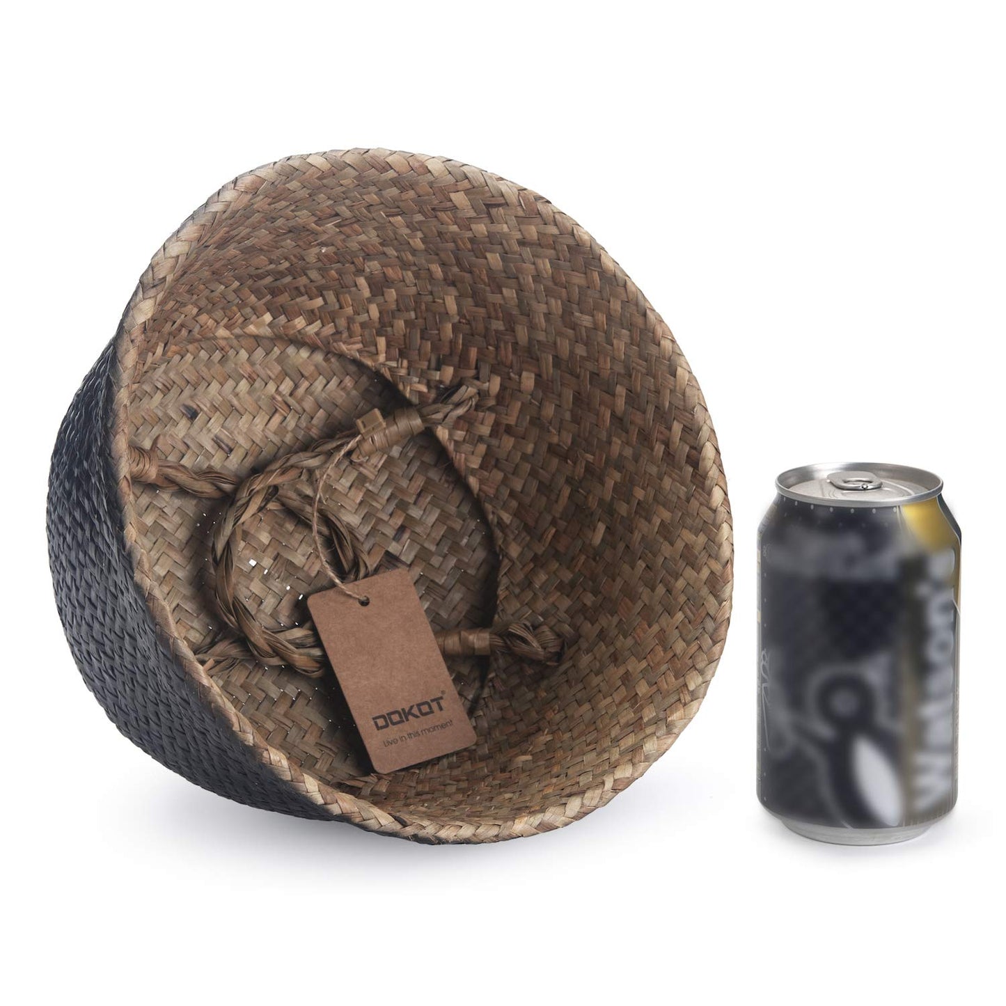Seagrass Belly Basket Woven Plant Pot with Handles Natural Foldable for Storage Laundry Blankets Toys (Natural + Black)