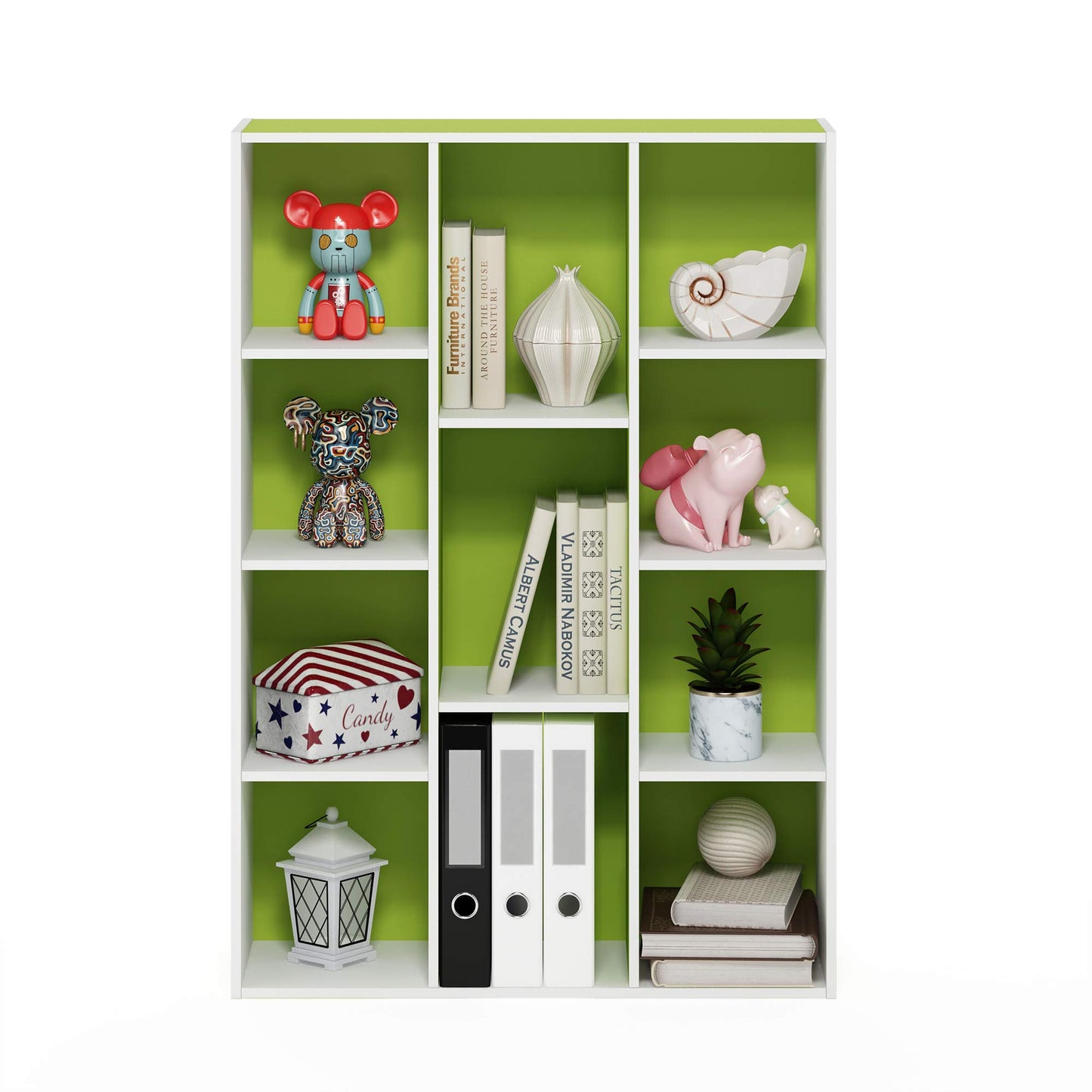 Furinno LUDER Book Shelf, 11-Cube Bookshelf, Reversible Bookcase, 9.4 x 29.1 x 41.7, for Living Room, Bedroom, Home Office, White/Green