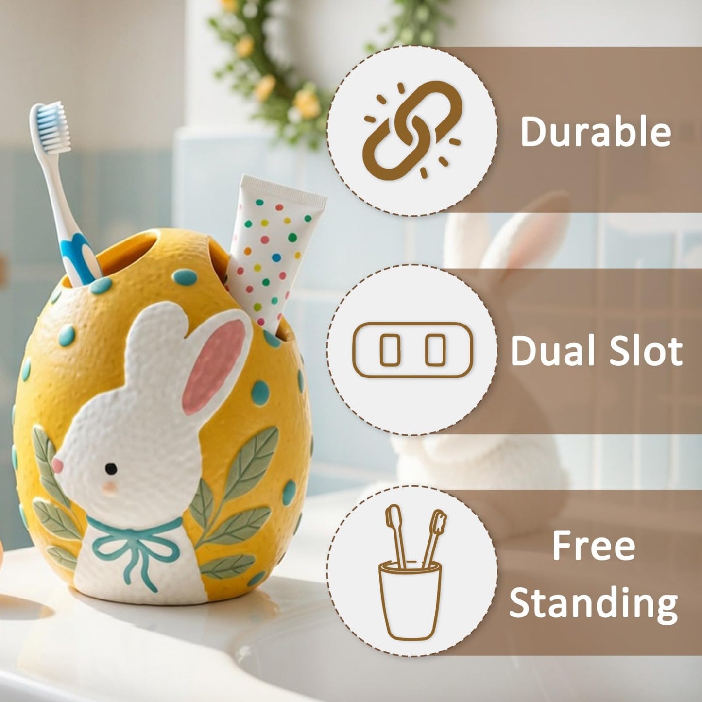 Blissilk Bunny Design Toothbrush Holder, 2 Slots Tooth Brush Holder, Resin Built Toothbrush Holders for Bathroom, Vanity Counter