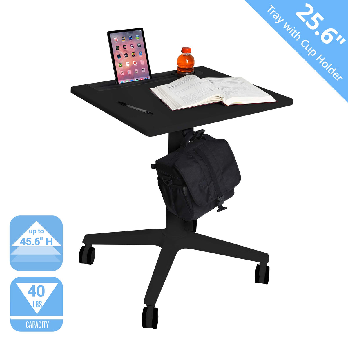 Seville Classics Airlift 25.6" XL Sit-Stand Adjustable Student Classroom Cup Holder Mobile Desk, Black