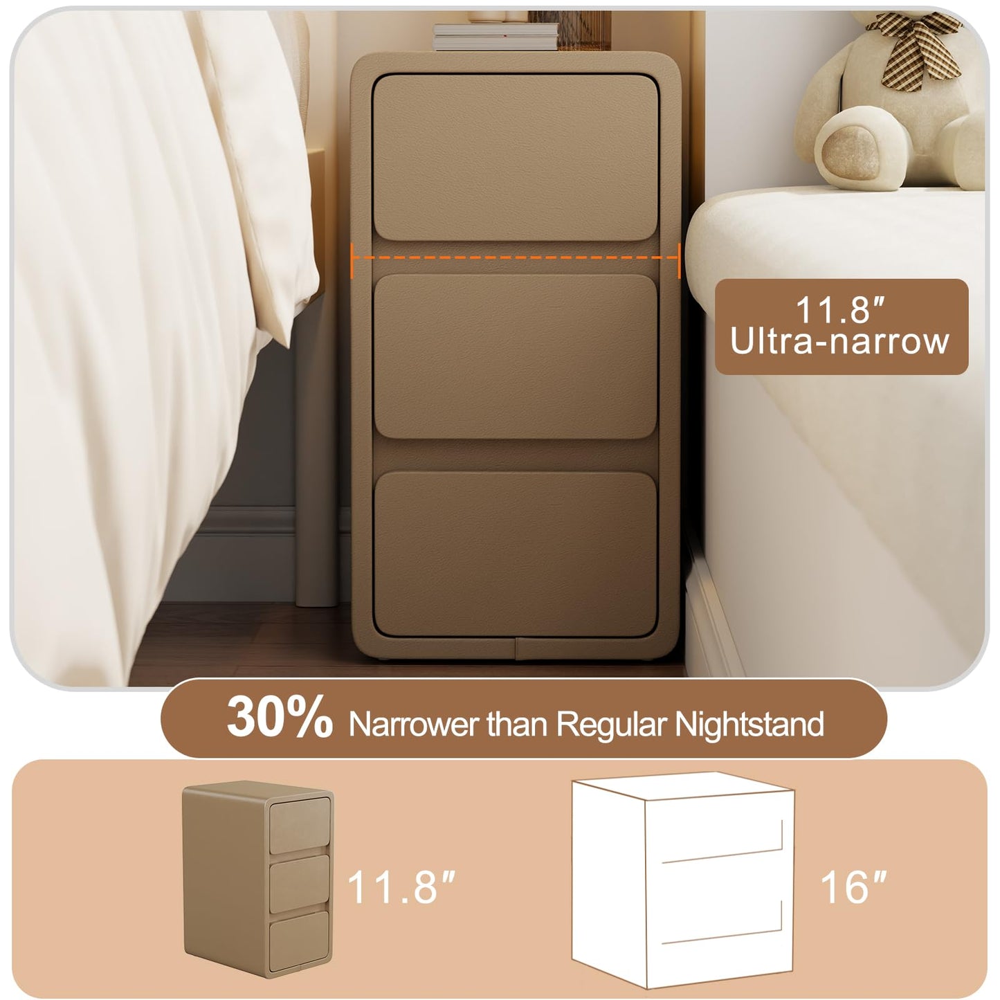 AQIMUELE Small Bedside Table, Slim Bedside Table with 3 Drawers, Assembled Narrow Side End Table with Leather Surface for Bedroom, 30cm (Khaki)