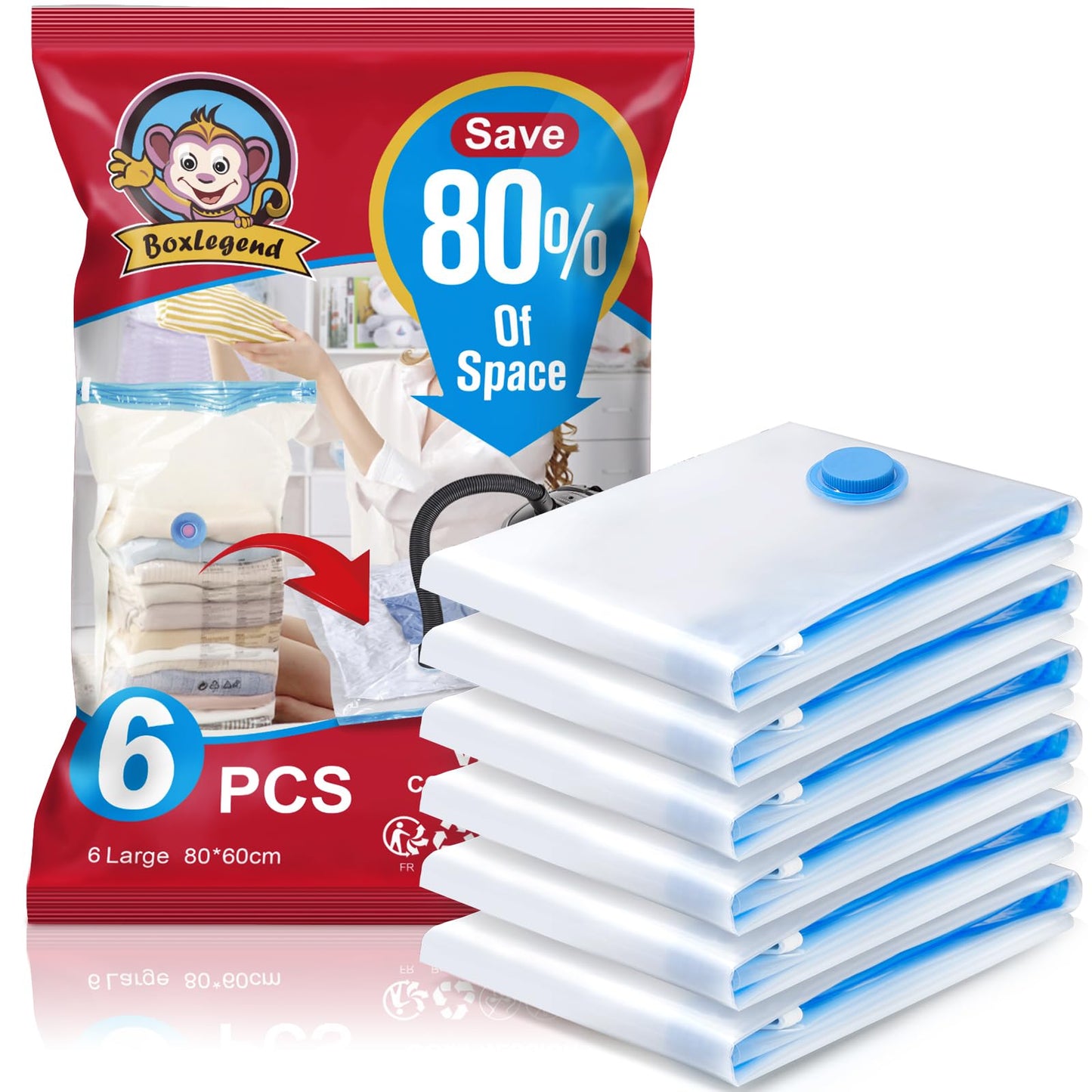 BoxLegend Vacuum Storage Bags Space Saving Bags 6 Pieces 80x60cm Premium Ultra Strong, Anti-Leak & Reusable for Clothes, Bedding & Duvets