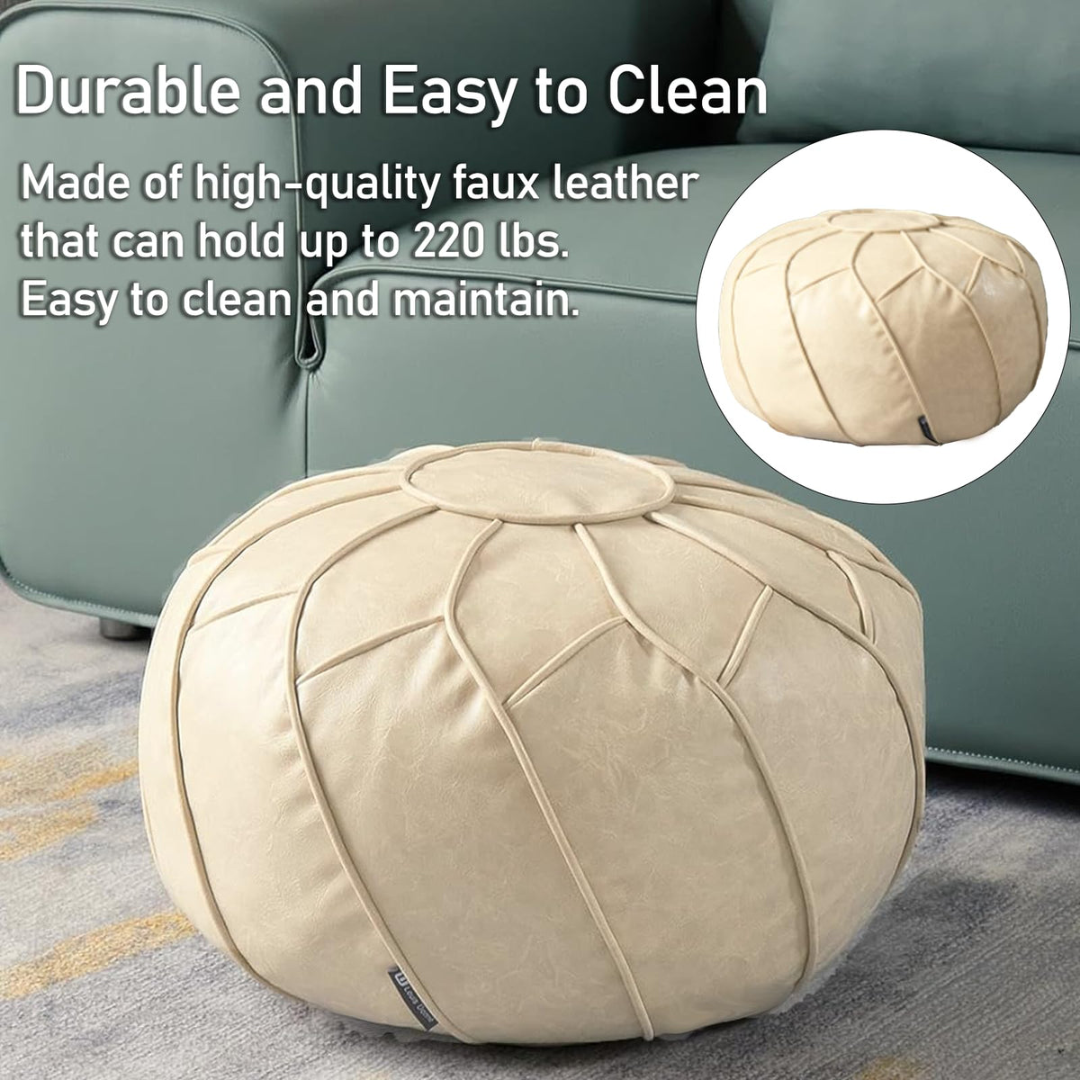 Louis Donné Round Pouffe Cover Unstuffed Handmade Waterproof Faux Leather Ottoman Cover Storage Footstool Seat for Living Room Bedroom Indoor Decor