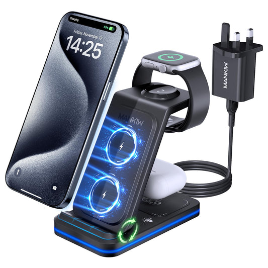 MANKIW Wireless Charging Station for iPhone, 3 in 1 Foldable Wireless Charger for iPhone 17/16/15/14/13/12/11/Pro/Max/XS/XR/X/8, iWatch