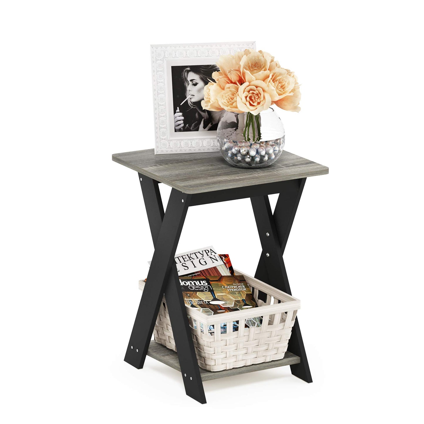 Furinno MODERN SIMPLISTIC Side Table, End Table with X-Legs, Criss-Crossed Night Stand, Bedside Table with Open Shelf, for Living Room, Bedroom