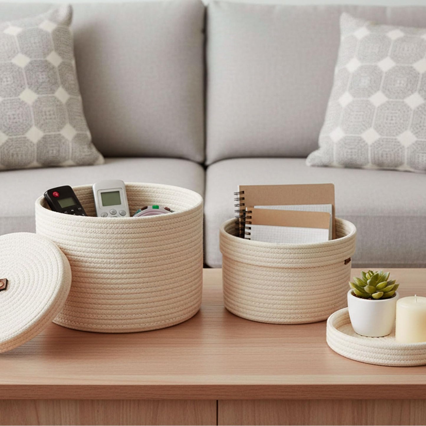 Set of 2 Storage Basket with Lid, Round Cotton Rope Decorative Basket with Leather Handles, Multifunctional Woven Baskets for Shelves, Bedroom