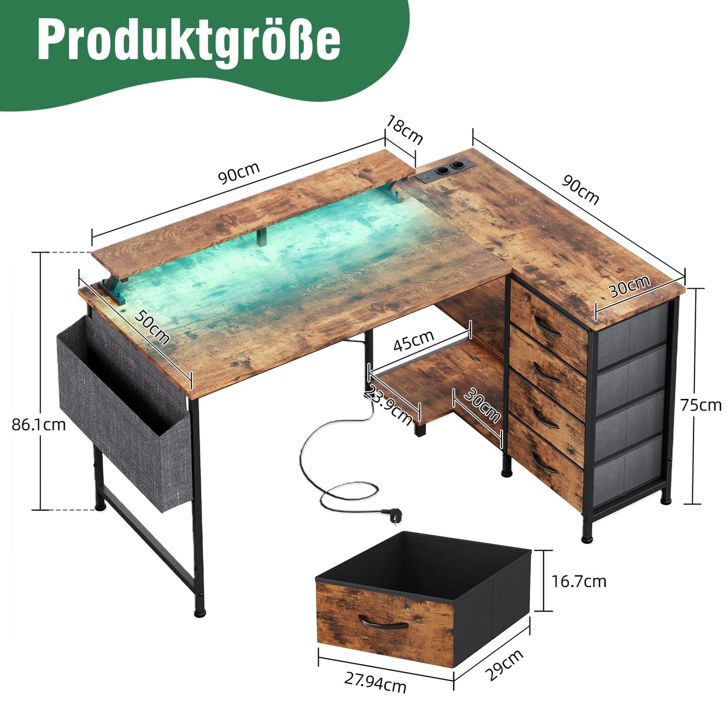 CAIYUN Corner Desk with 4 Fabric Drawers, 120 x 90 cm, L Shape Reversible Desk with USB Charging Port and Socket
