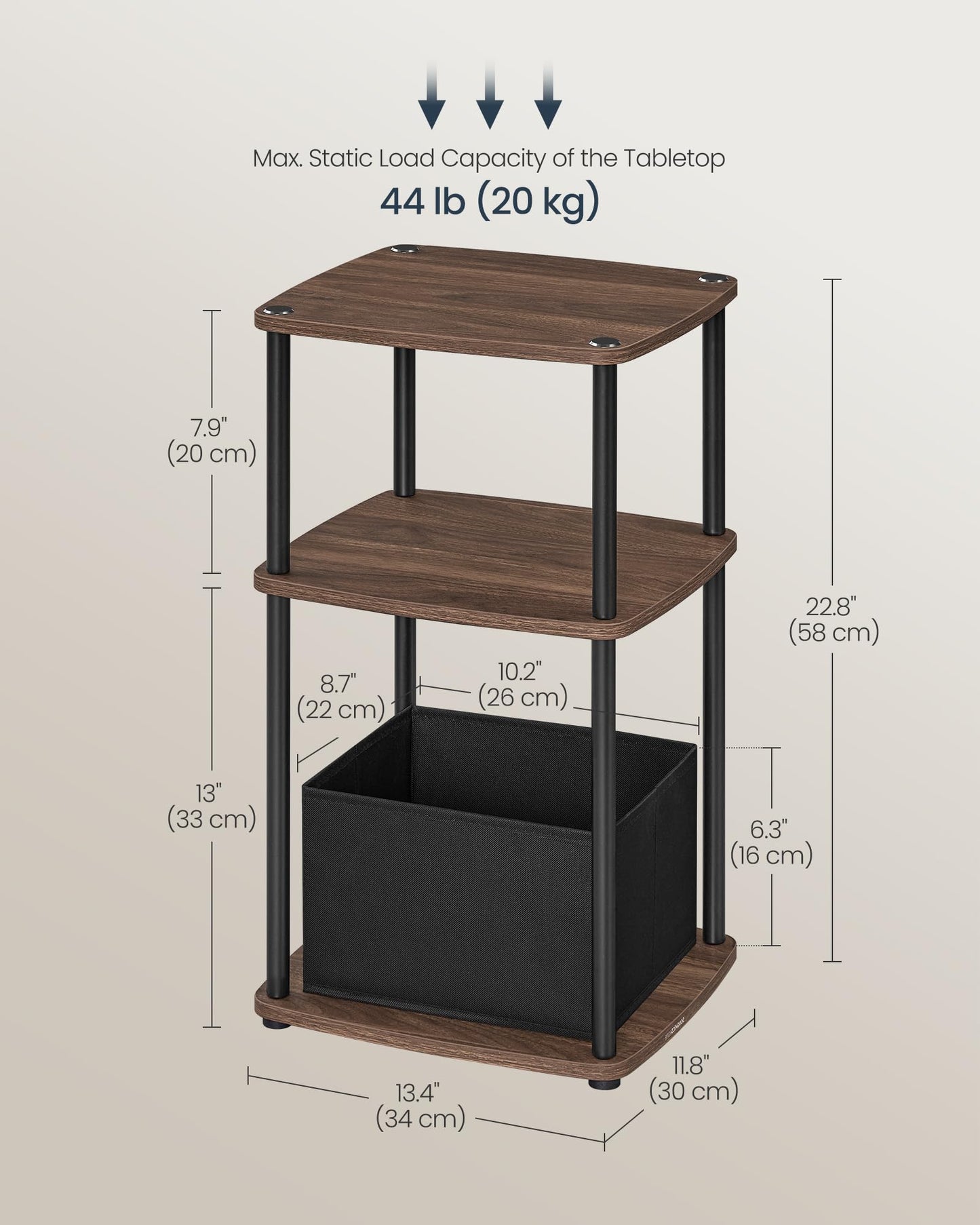 SONGMICS HOME Superfast Toolless Assembly, Side Table, 3-Tier Nightstand with Storage, Fabric Basket, for Bedroom Living Room, Steel Frame