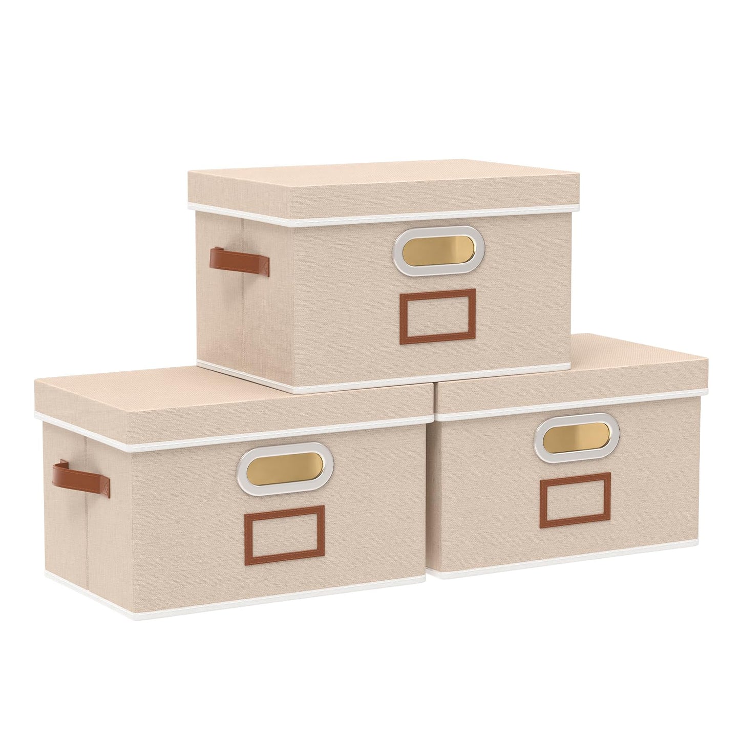 OUTBROS 3 Set fabric Storage Boxes with lids, 32x23x20cm Baskets, Beige