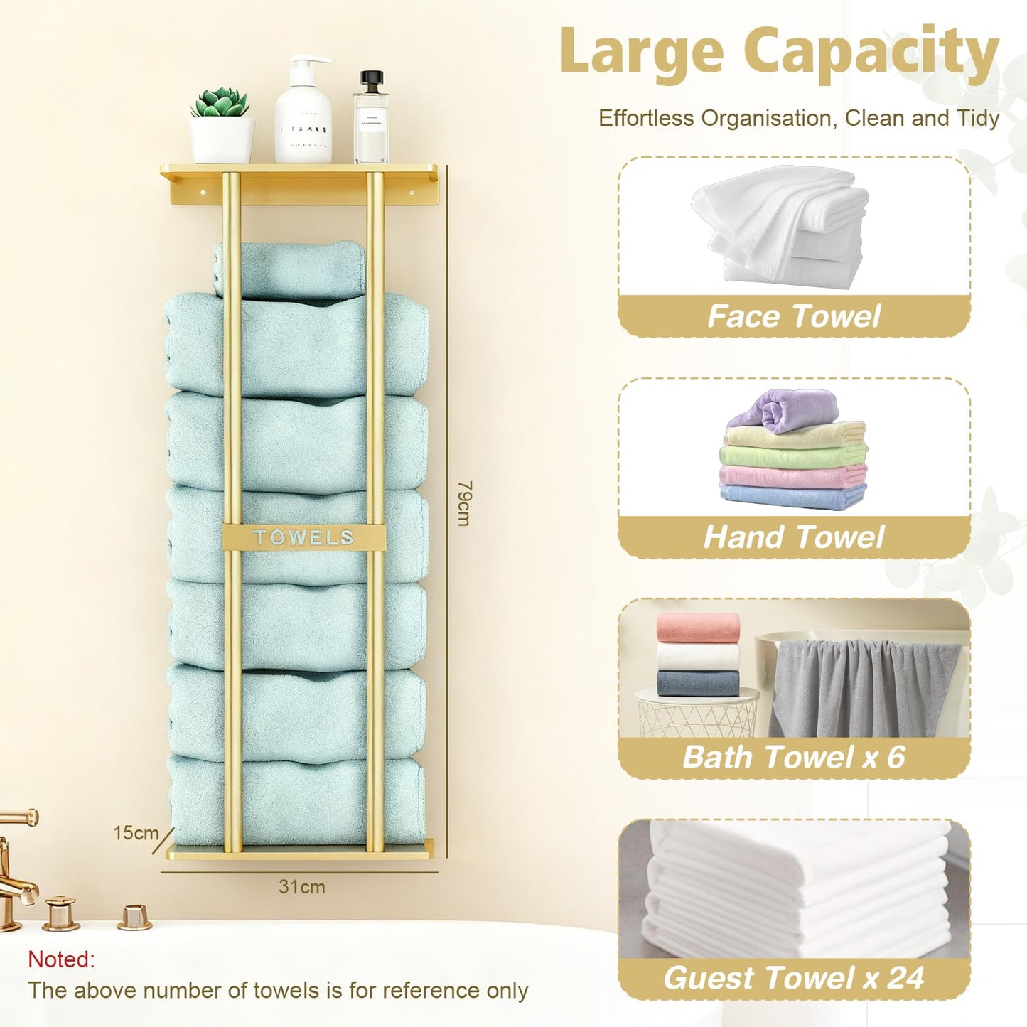 Gold Towel Rack Wall Mounted Large Bathroom Towel Holder with Shelf