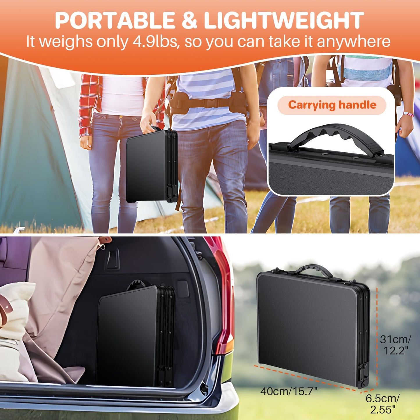 FUNYKICH Camping Table with Plastic Tabletop 58x40cm, 3 Height Adjustable Small Folding Table