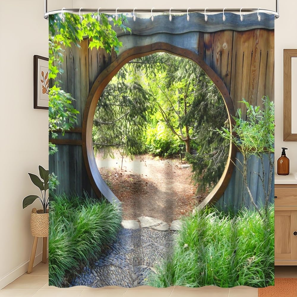 Xiaoterna Japanese Garden Shower Curtain 3D Spring Forest Nature Scenery Bathroom Curtain Circle Rustic Wooden Doorway Gate Green Plant Sunshine