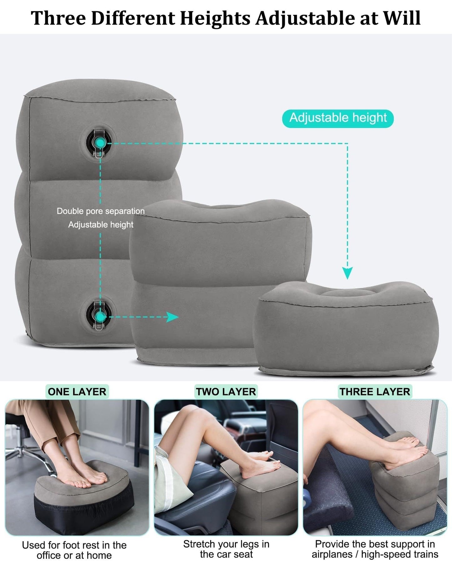 Inflatable Travel Foot Rest Pillow,Airplane Travel Pillow, Office Footrests, Adjustable 3 Layers Height Leg Rest Pillow