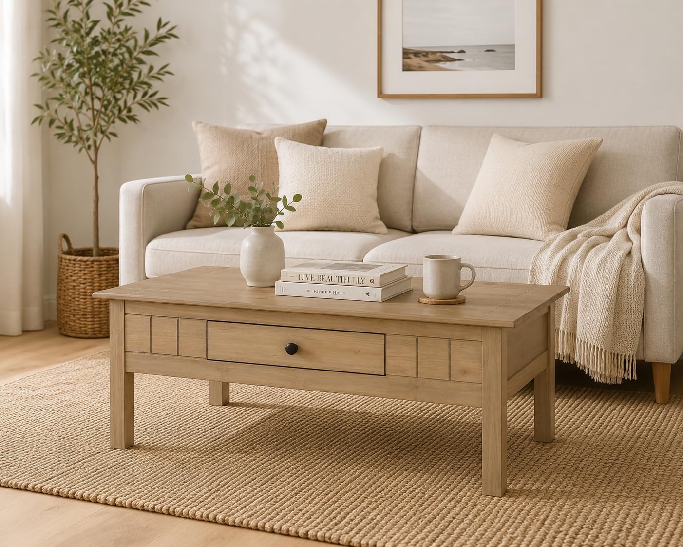Mews Panama Coffee Table with 1 Drawer Solid Pine Wood Waxed Oak Finish Brown 100 x 60 x 45 cm