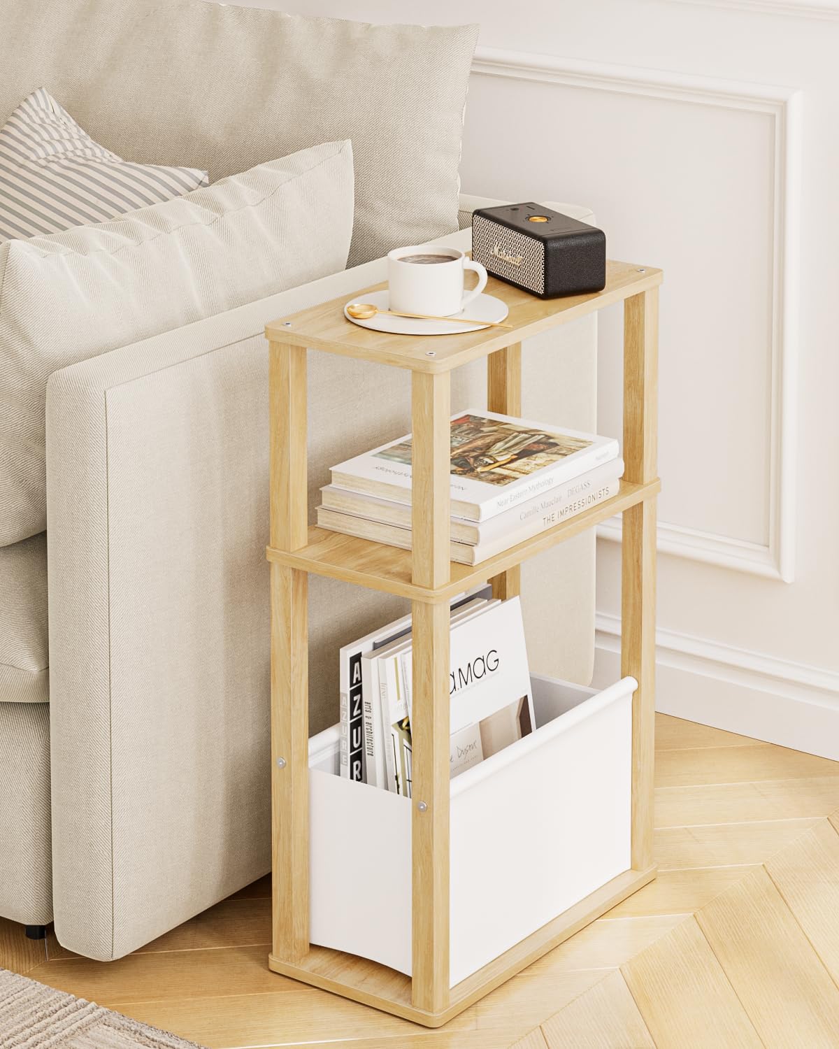 Apetaccat Narrow Side Table for Small Spaces, Slim End Table with Storage Basket, Small Bedside Table for Bedroom