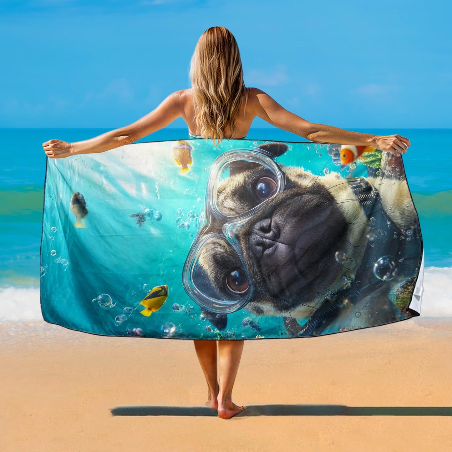 Violetpos Scuba Pug Group Beach Towel for Dog Lovers, Extra Large 180x90 cm 250GSM Microfibre, Sand Free Quick Dry