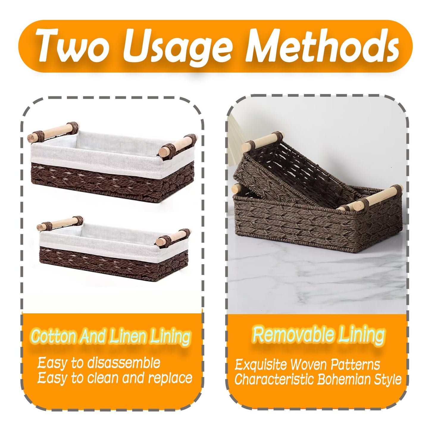 2 Pack Storage Baskets, Storage baskets for Shelves, Storage Box Organiser, Wicker Hamper Basket, Woven Storage Basket, Bathroom Storage Organiser