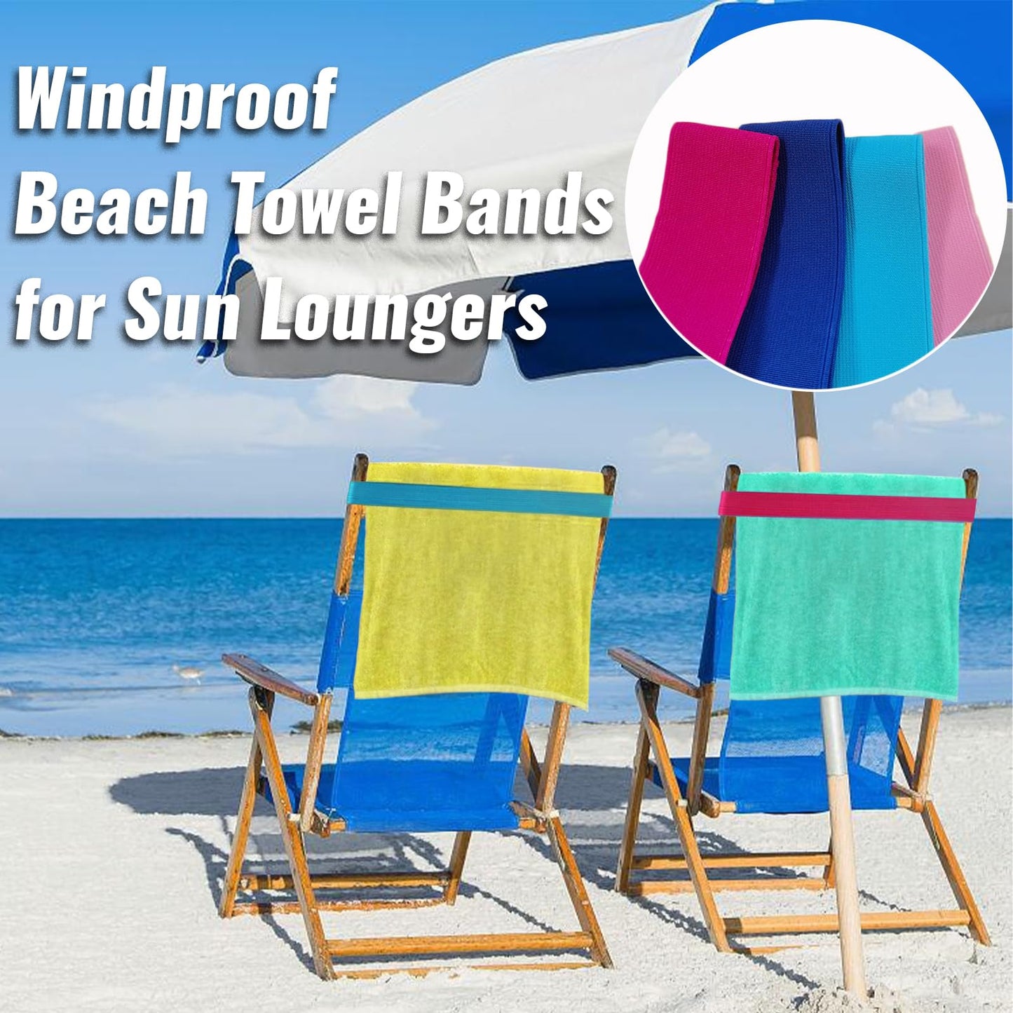 4 Pack Sun Lounger Straps, Elastic Sunbed Towel Bands, Windproof for Beach, Pool & Cruise Chairs
