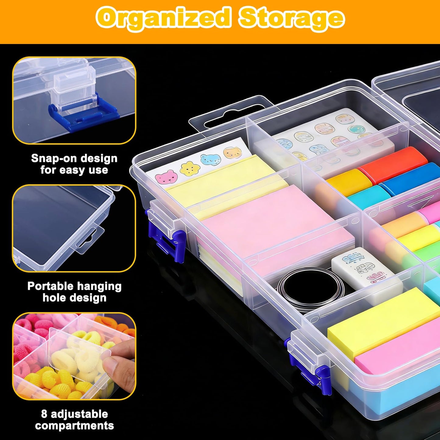 3 Pcs Plastic Storage Boxes with Lid, Organiser with 8 Grids Adjustable Dividers, Jewellery Organizer Box
