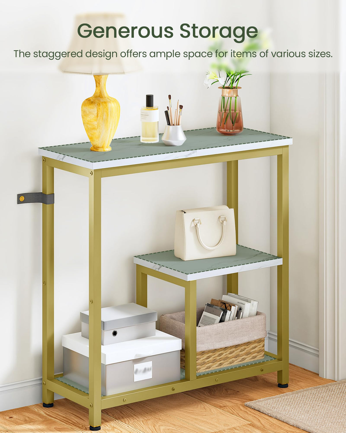 CHOEZON Modern Console Sofa Table, 3-Tier Display Table, Marble Veined Table Top, Metal Frame, for Small Spaces, Entryway, Foyer
