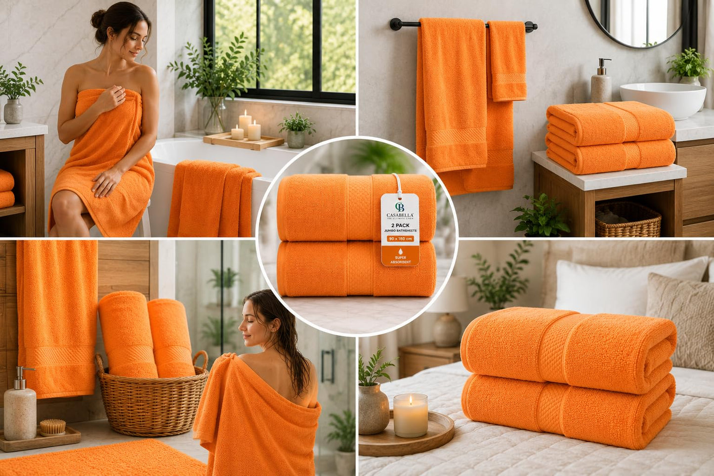 Casabella CB 2 Piece Jumbo Bath sheet 100% Combed Cotton Extra Large Bath Towel bale set super Absorbent Soft Orange 2 Pack 90X180 CM Bath-sheets for