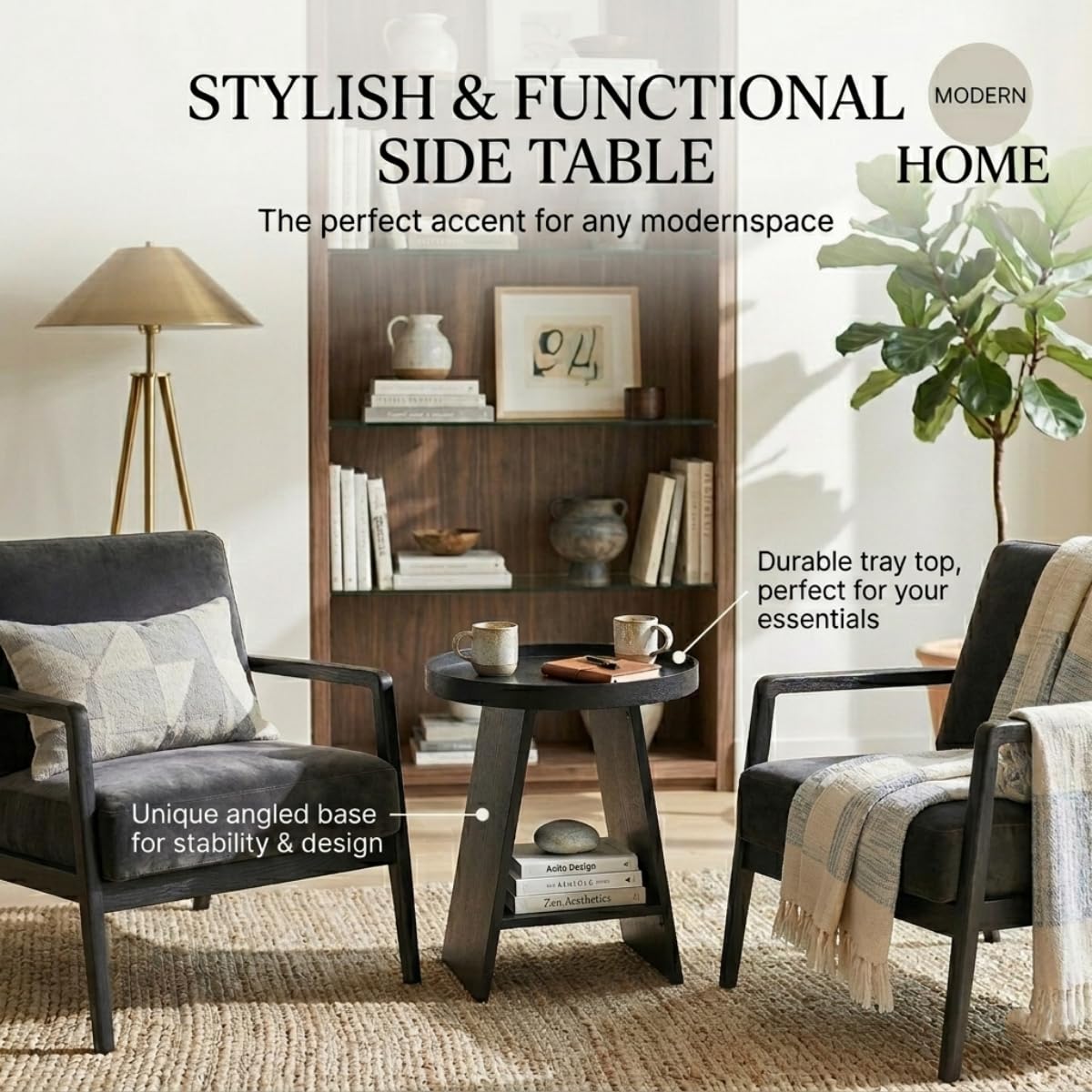ZEXVIDA 2-Tier Round End Table with 17.7 inch Tray Top, Black