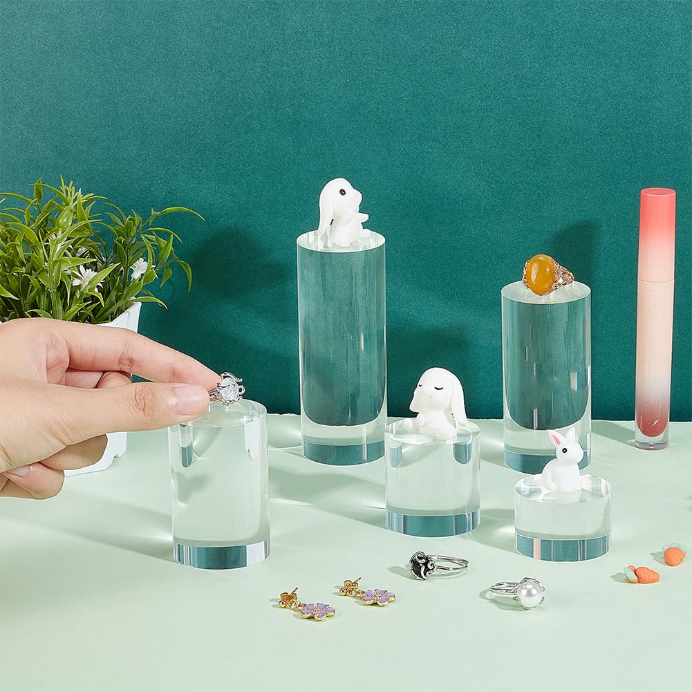 BENECREAT 5pcs Clear Acrylic Display Block - 3/4/6/8/10cm Round Cylinder Solid Pedestal Stand for Jewelry, Gem, Pop Figures & Cosmetic Showing