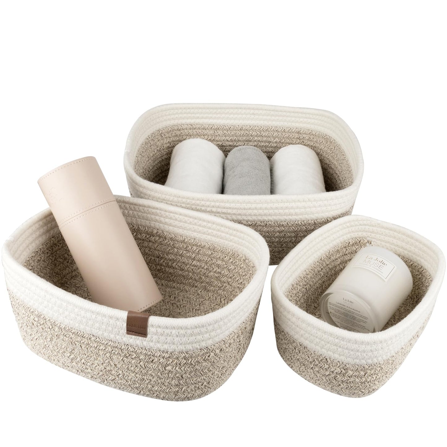 LA JOLIE MUSE Small Cotton Woven Storage Baskets, White & Desert, 3 Pack