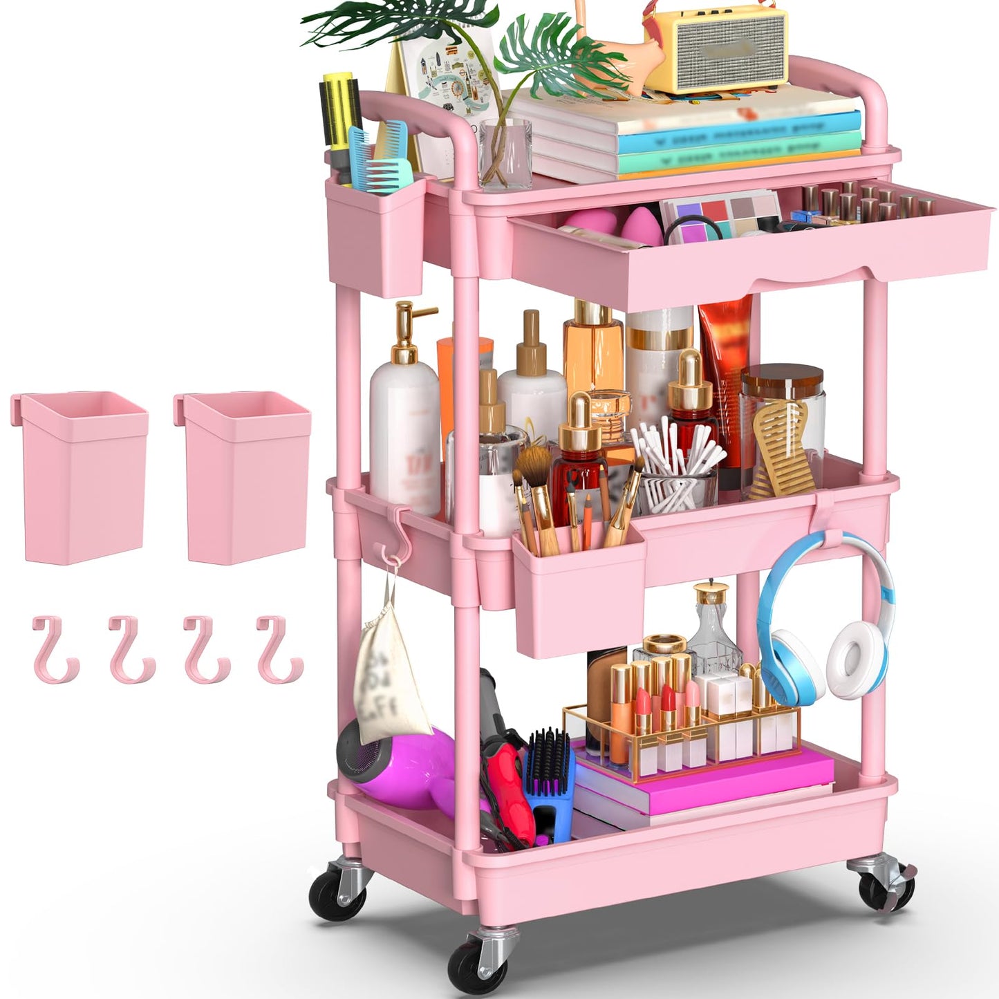 Yeabett 3 Tier Craft Trolley, Storage Trolley On Wheels Utility Cart With Drawer For Kitchen, Bathroom, Office, Living Room, Pink
