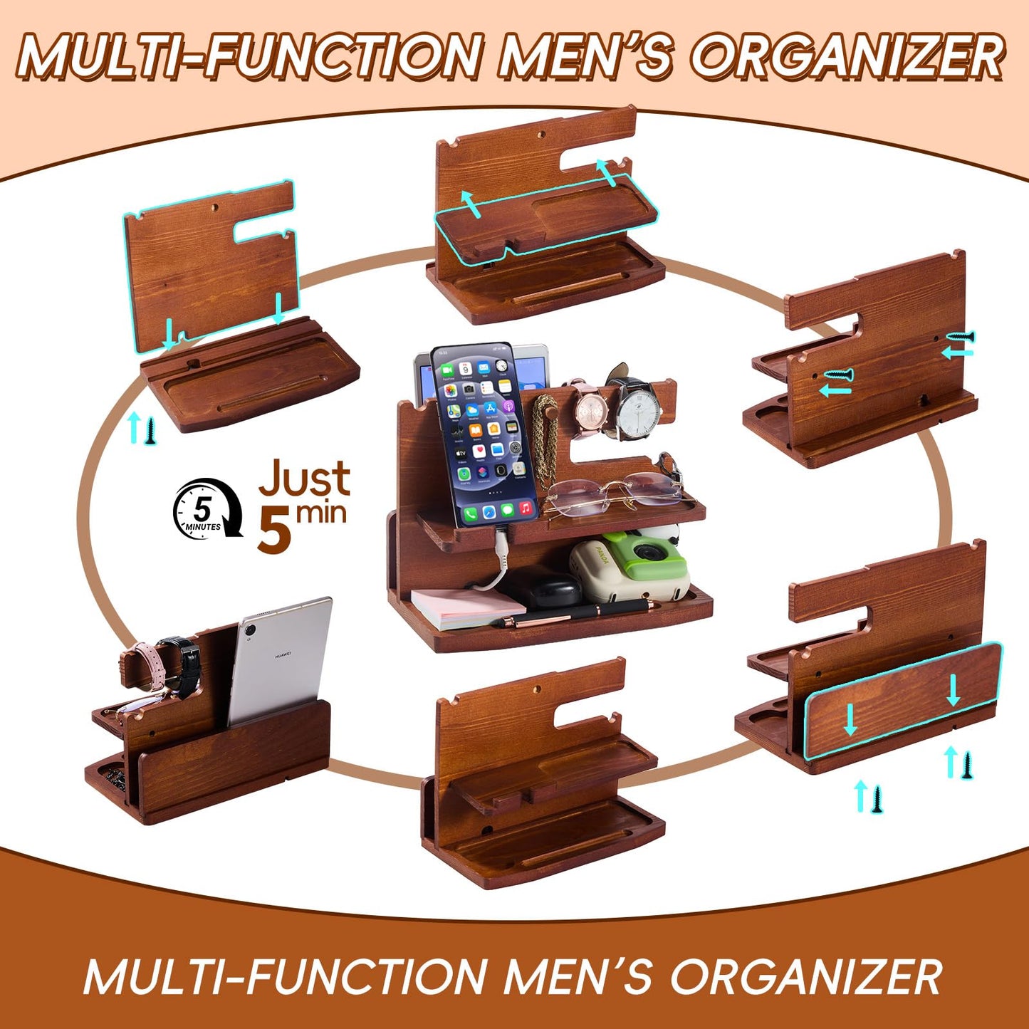 ELEVAT Gifts for Men Christmas Wood Phone Docking Station Desk Organizer Fathers Gifts Anniversary Birthday Gifts for him Xmas Presents for husband