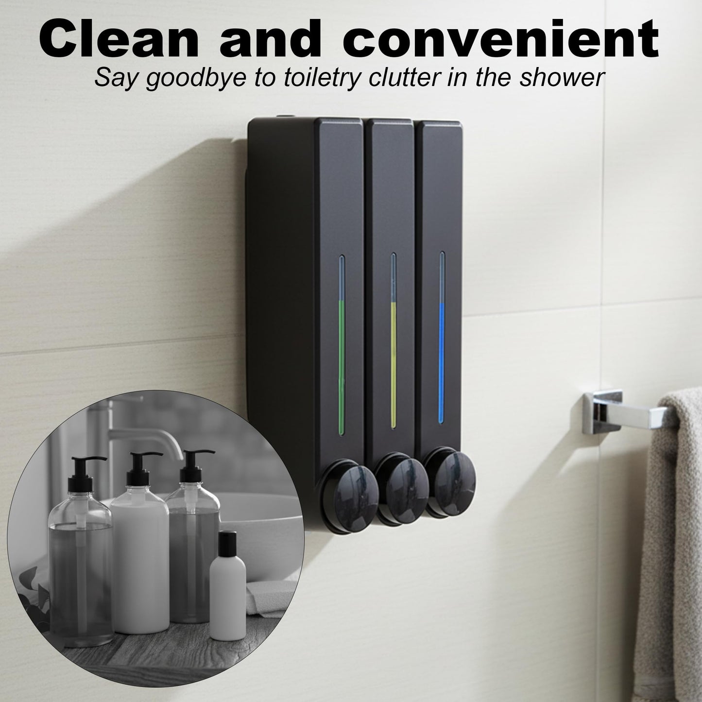 VrEnduuo Shower Dispenser 3 Chamber No Drill,Shampoo and Conditioner Dispenser,Shower Soap Dispenser Wall Mounted for Bathroom Hotel Toilet with